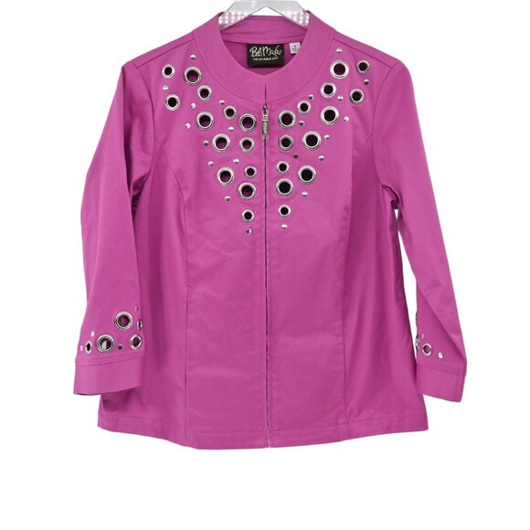 Vtg BOB MACKIE Jacket Womens Size S Pink Grommet Studded 3/4 Sleeve Full Zip 90s - Picture 1 of 14